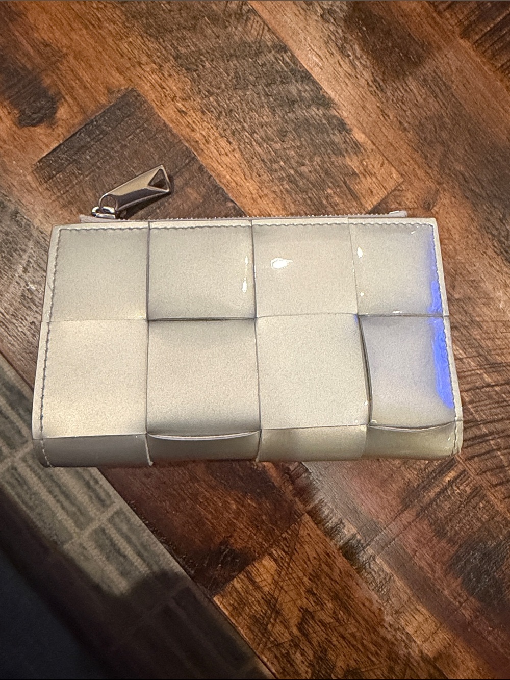 Bottega Veneta Cassette Medium Bi-Fold Wallet Silver Patent Leather